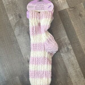 Pink and White Striped Plush Socks